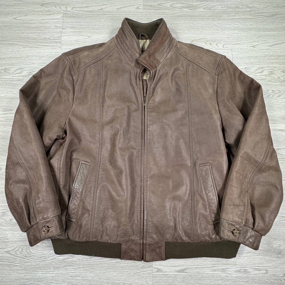 Jos. A. Bank Mens Jacket Bomber Genuine Leather Brown‎ XL Map Print Lining Zip